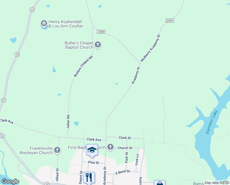 map of restaurants, bars, coffee shops, grocery stores, and more near 793 Academy Street in Franklinville