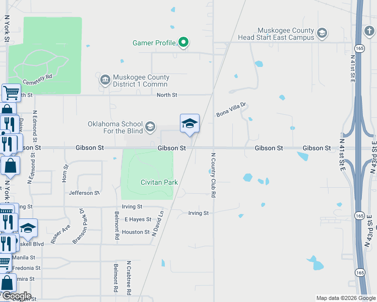 map of restaurants, bars, coffee shops, grocery stores, and more near 3431 Gibson Street in Muskogee