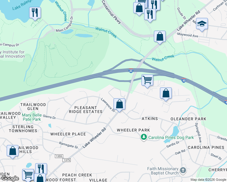 map of restaurants, bars, coffee shops, grocery stores, and more near 2111 Thesis Circle in Raleigh