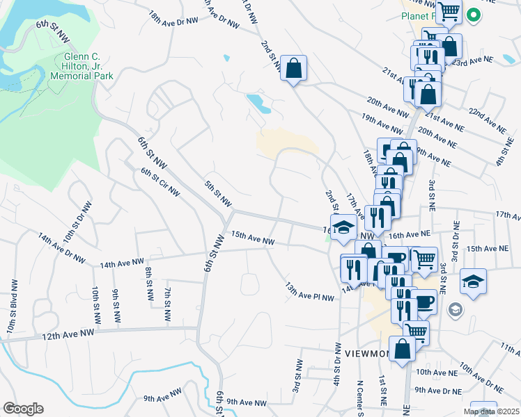 map of restaurants, bars, coffee shops, grocery stores, and more near 500 16th Avenue Northwest in Hickory