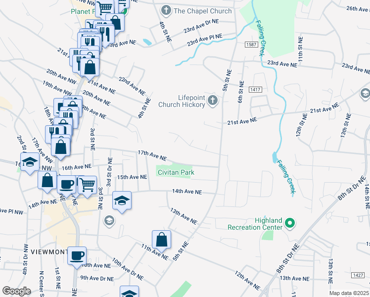 map of restaurants, bars, coffee shops, grocery stores, and more near 450 17th Avenue Drive Northeast in Hickory