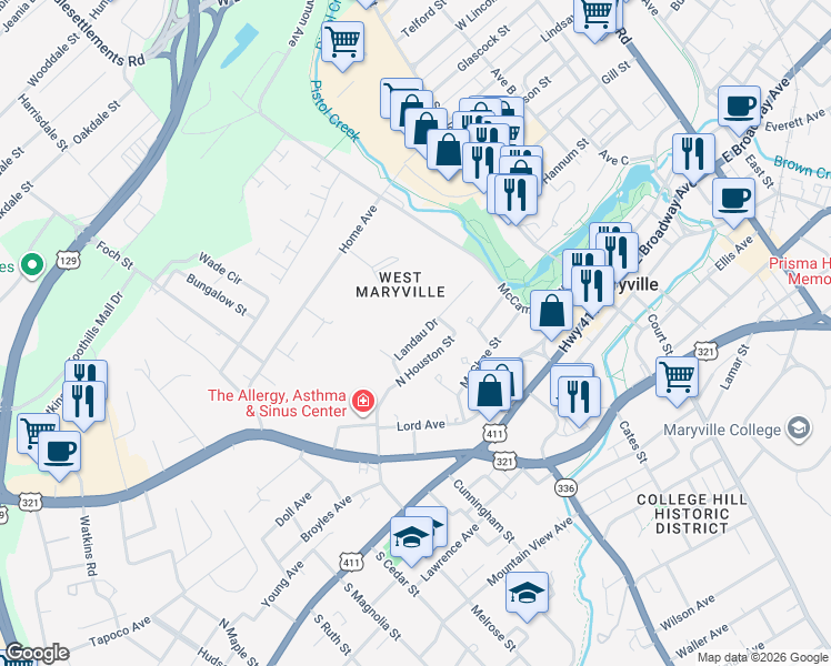 map of restaurants, bars, coffee shops, grocery stores, and more near 411 Landau Drive in Maryville