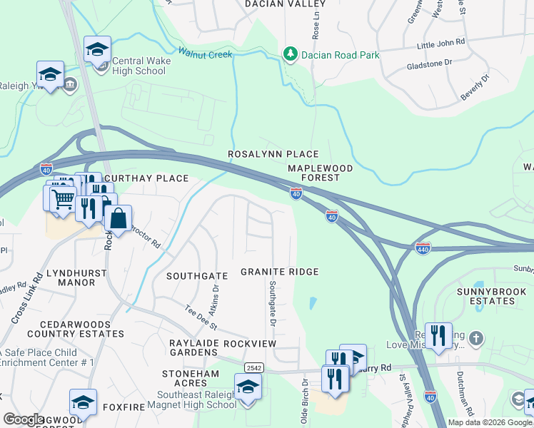 map of restaurants, bars, coffee shops, grocery stores, and more near 1306 Southgate Drive in Raleigh