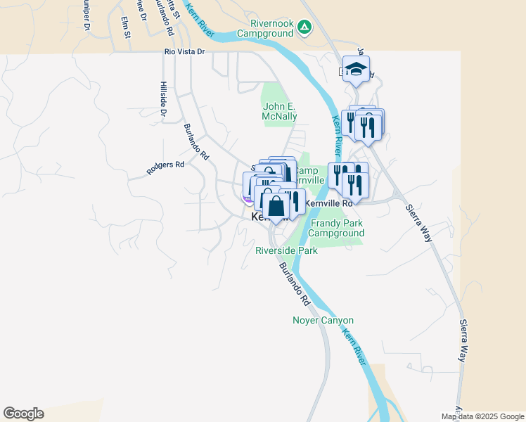 map of restaurants, bars, coffee shops, grocery stores, and more near 15 Big Blue Road in Kernville