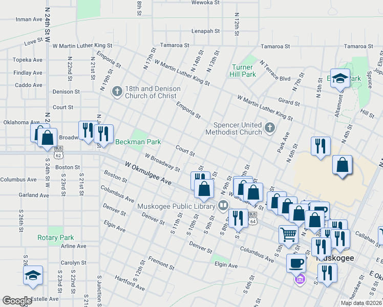 map of restaurants, bars, coffee shops, grocery stores, and more near 311 North 12th Street in Muskogee
