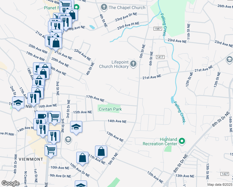 map of restaurants, bars, coffee shops, grocery stores, and more near 450 17th Avenue Drive Northeast in Hickory