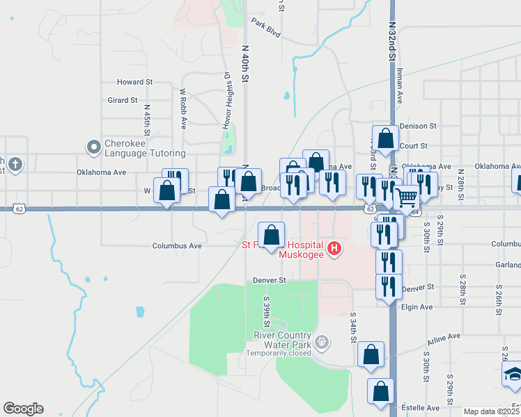 map of restaurants, bars, coffee shops, grocery stores, and more near 3912 West Okmulgee Avenue in Muskogee