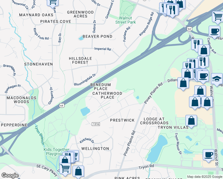 map of restaurants, bars, coffee shops, grocery stores, and more near 121 Catherwood Place in Cary