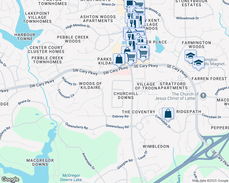 map of restaurants, bars, coffee shops, grocery stores, and more near 124 Castlewood Drive in Cary