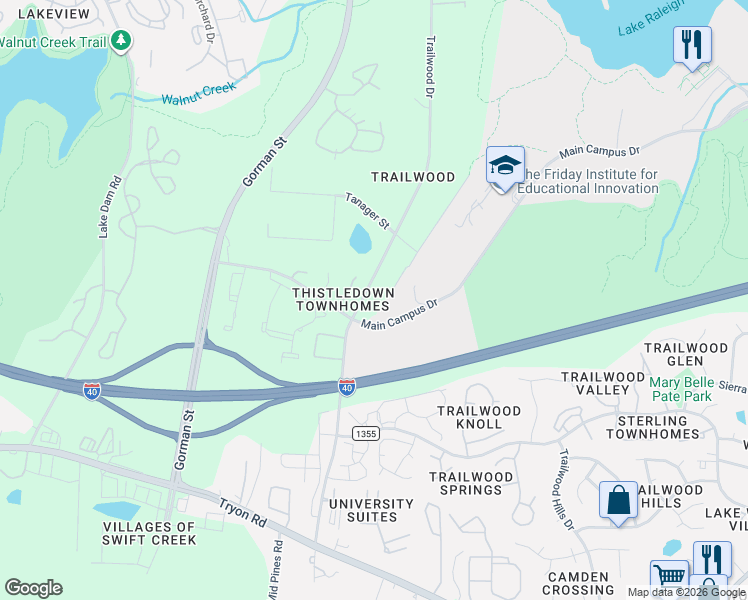 map of restaurants, bars, coffee shops, grocery stores, and more near 1805 Trailwood Drive in Raleigh