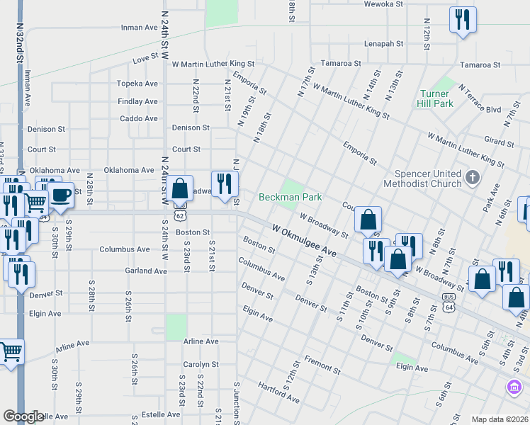 map of restaurants, bars, coffee shops, grocery stores, and more near 1611 West Broadway Street in Muskogee