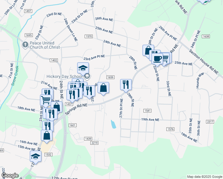 map of restaurants, bars, coffee shops, grocery stores, and more near 2633 Springs Road Northeast in Hickory