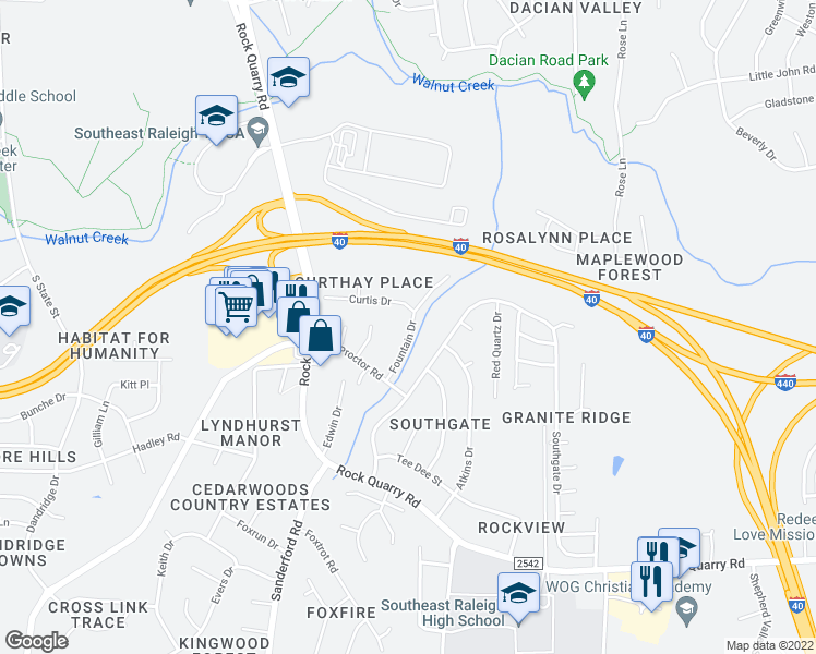 map of restaurants, bars, coffee shops, grocery stores, and more near 1706 Fountain Drive in Raleigh