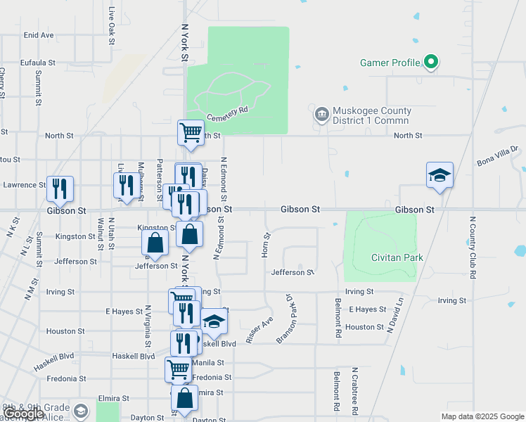 map of restaurants, bars, coffee shops, grocery stores, and more near 900 Horn Street in Muskogee