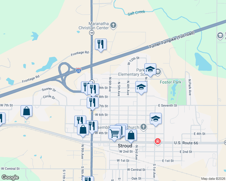 map of restaurants, bars, coffee shops, grocery stores, and more near 523 West 9th Street in Stroud