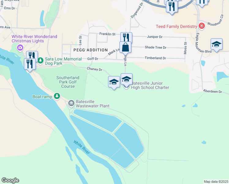 map of restaurants, bars, coffee shops, grocery stores, and more near 1 Pioneer Drive in Batesville