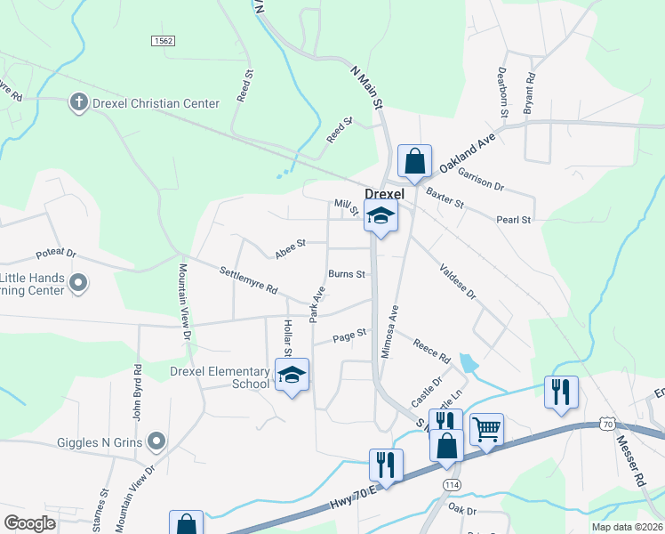 map of restaurants, bars, coffee shops, grocery stores, and more near 304 Park Avenue in Morganton