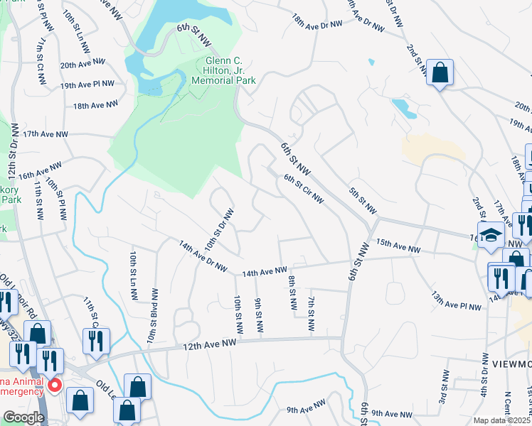 map of restaurants, bars, coffee shops, grocery stores, and more near 1630 8th Street Drive Northwest in Hickory