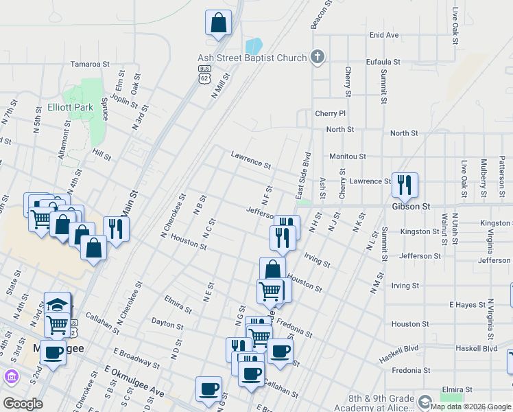 map of restaurants, bars, coffee shops, grocery stores, and more near 410 Jefferson Street in Muskogee