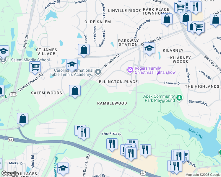 map of restaurants, bars, coffee shops, grocery stores, and more near 817 Claude Laurel Drive in Apex