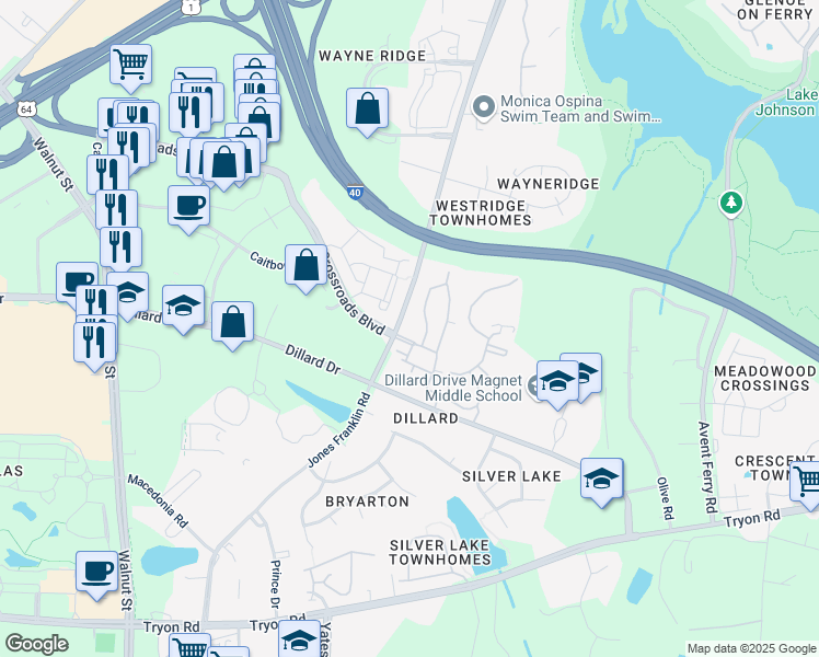 map of restaurants, bars, coffee shops, grocery stores, and more near 5454 Crossroads Crest Way in Raleigh