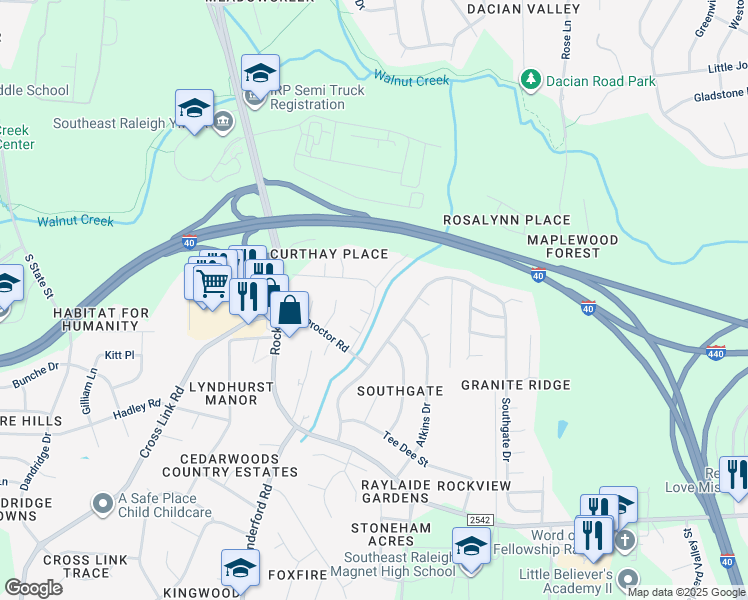 map of restaurants, bars, coffee shops, grocery stores, and more near Fountain Drive in Raleigh