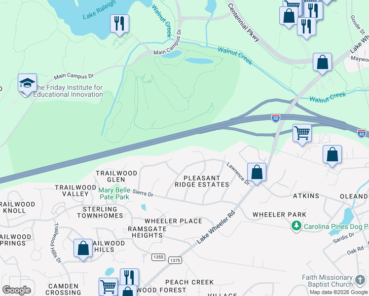 map of restaurants, bars, coffee shops, grocery stores, and more near 2005 Shenandoah Road in Raleigh