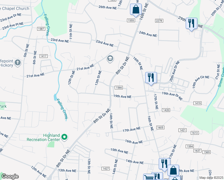 map of restaurants, bars, coffee shops, grocery stores, and more near 1415 20th Avenue Northeast in Hickory