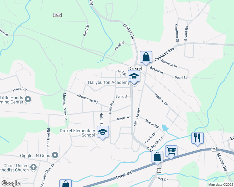 map of restaurants, bars, coffee shops, grocery stores, and more near 304 Park Avenue in Morganton