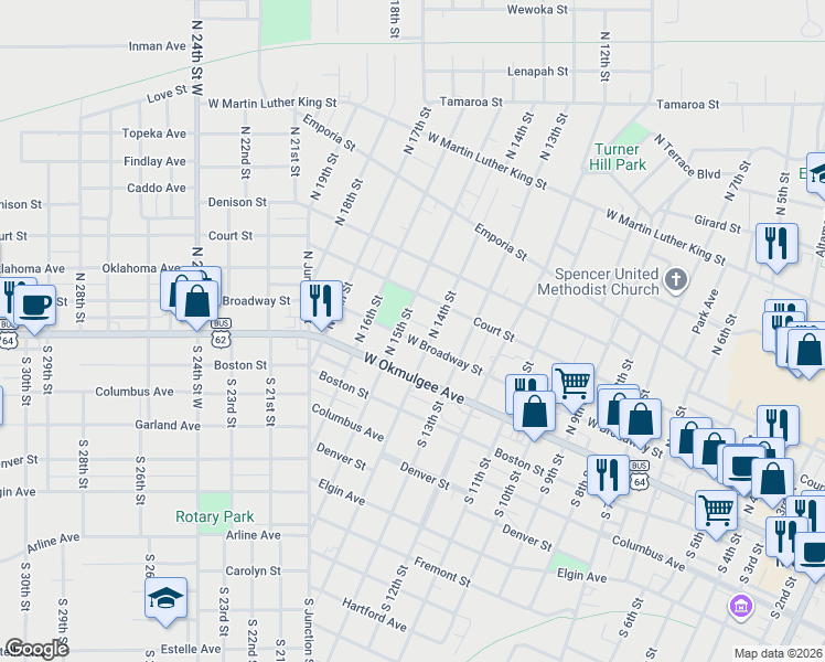 map of restaurants, bars, coffee shops, grocery stores, and more near 224 North 15th Street in Muskogee