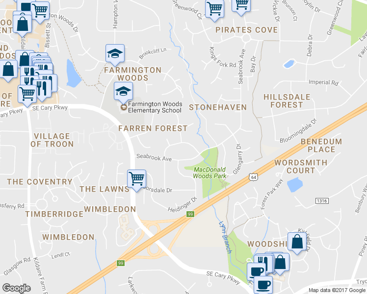 map of restaurants, bars, coffee shops, grocery stores, and more near 109 Dunhagan Place in Cary