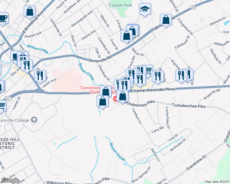 map of restaurants, bars, coffee shops, grocery stores, and more near 1005 Tuckaleechee Pike in Maryville