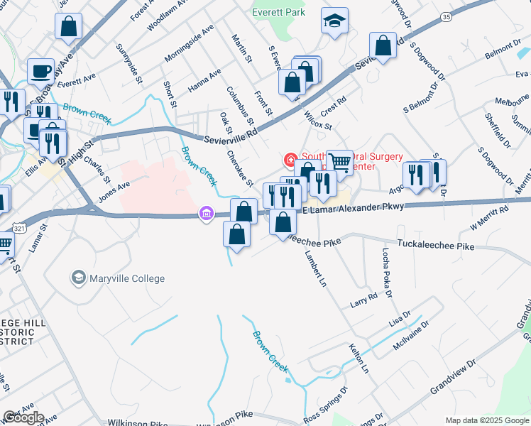 map of restaurants, bars, coffee shops, grocery stores, and more near 1005 Tuckaleechee Pike in Maryville