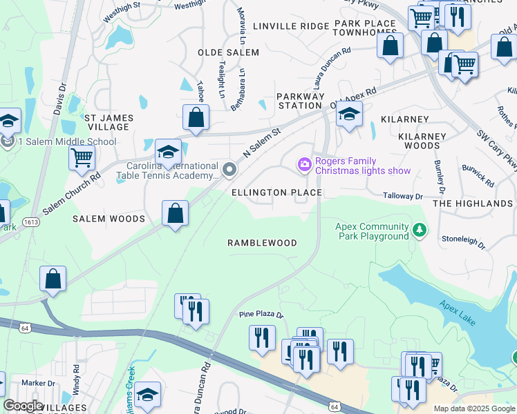 map of restaurants, bars, coffee shops, grocery stores, and more near 817 Claude Laurel Drive in Apex