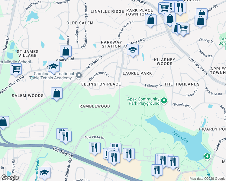map of restaurants, bars, coffee shops, grocery stores, and more near 705 Sweet Laurel Lane in Apex