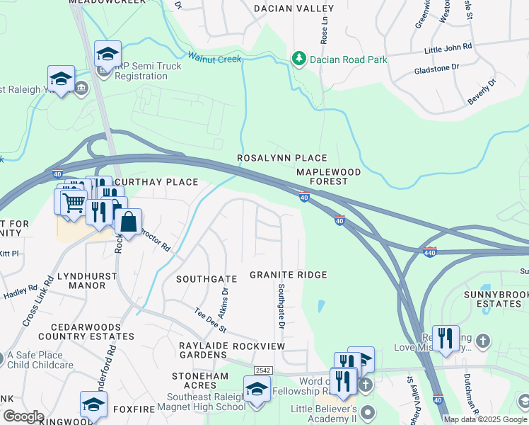 map of restaurants, bars, coffee shops, grocery stores, and more near 1317 Southgate Drive in Raleigh