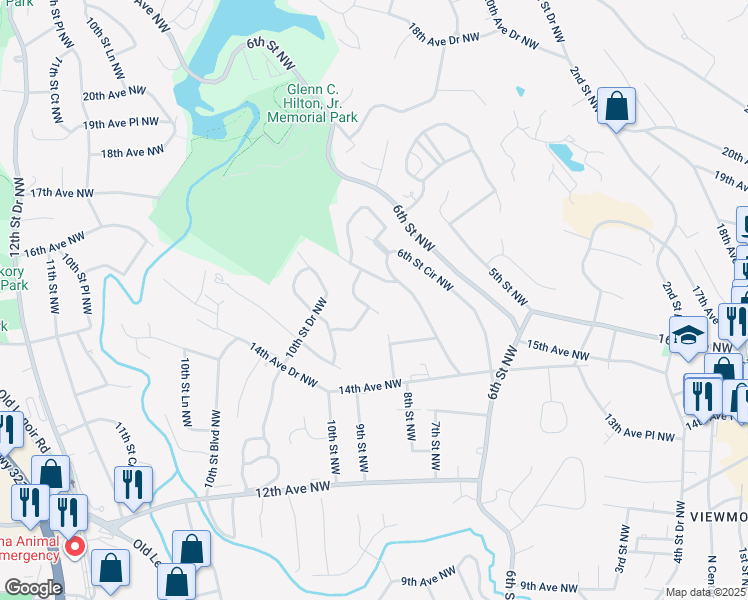 map of restaurants, bars, coffee shops, grocery stores, and more near 1630 8th Street Drive Northwest in Hickory