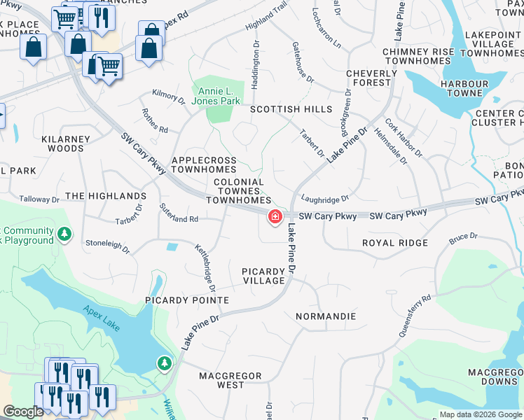map of restaurants, bars, coffee shops, grocery stores, and more near 1110 Southwest Cary Parkway in Cary