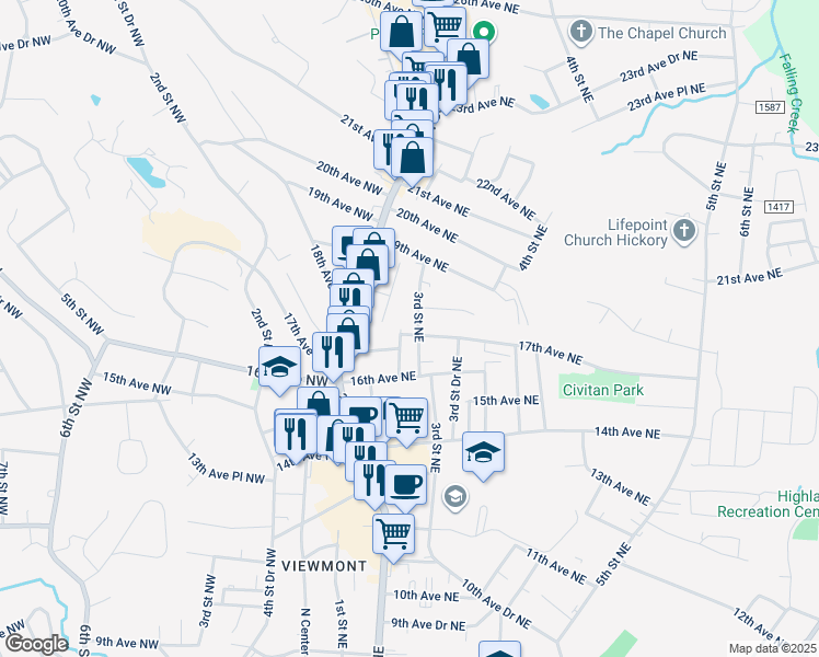 map of restaurants, bars, coffee shops, grocery stores, and more near 1709 3rd Street Northeast in Hickory