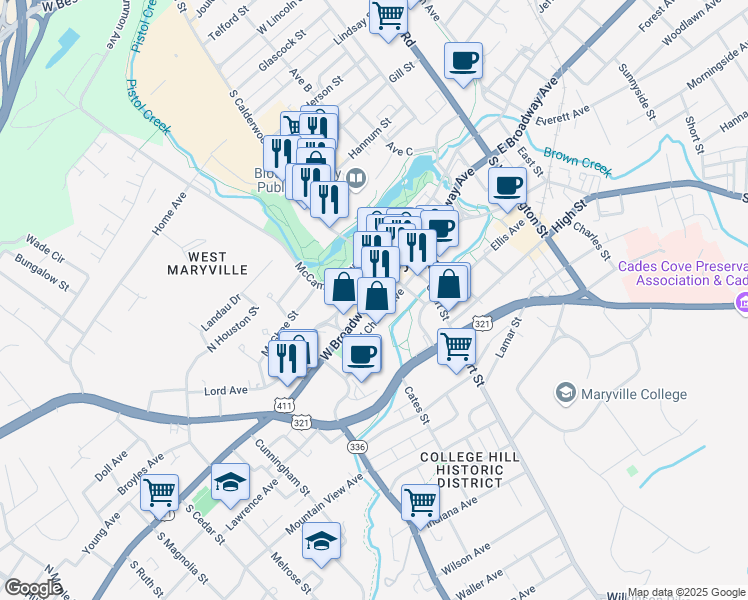 map of restaurants, bars, coffee shops, grocery stores, and more near 102 West Broadway Avenue in Maryville