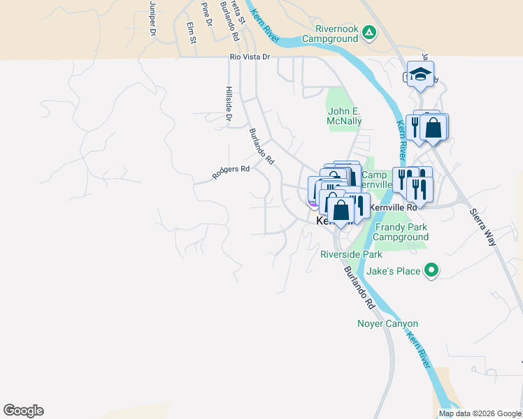 map of restaurants, bars, coffee shops, grocery stores, and more near 131 Panorama Drive in Kernville