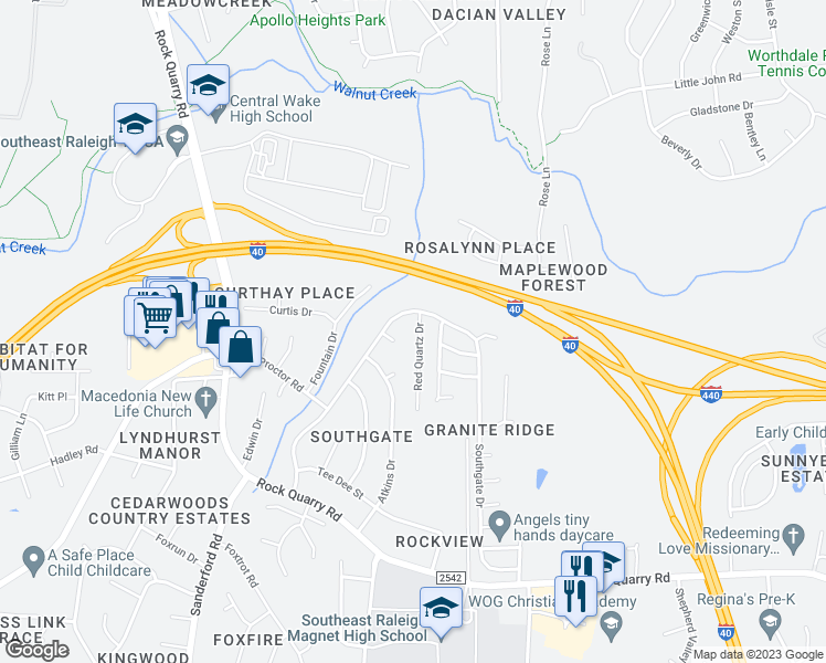 map of restaurants, bars, coffee shops, grocery stores, and more near 1912 Red Quartz Drive in Raleigh