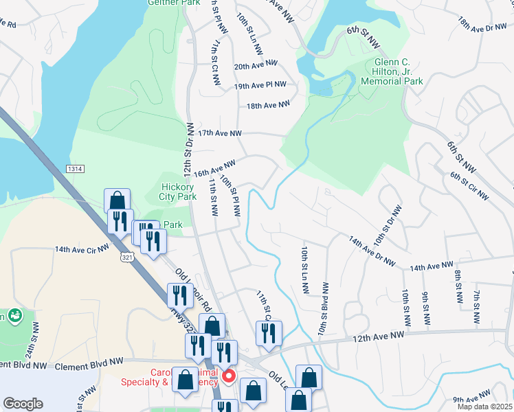 map of restaurants, bars, coffee shops, grocery stores, and more near 1540 16th Avenue Circle Northwest in Hickory
