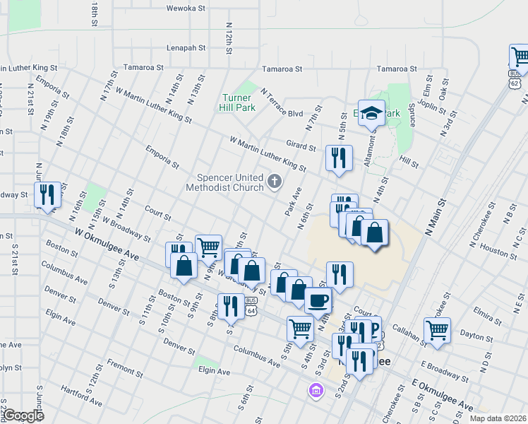 map of restaurants, bars, coffee shops, grocery stores, and more near 507 North 7th Street in Muskogee
