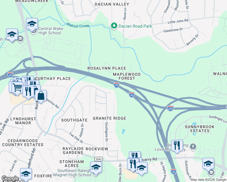 map of restaurants, bars, coffee shops, grocery stores, and more near 2721 Golden Amber Court in Raleigh