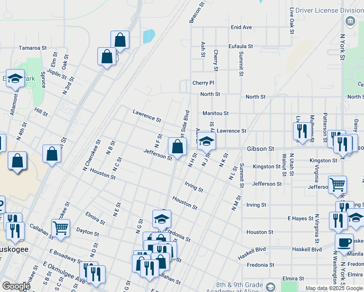 map of restaurants, bars, coffee shops, grocery stores, and more near 1078 East Side Boulevard in Muskogee