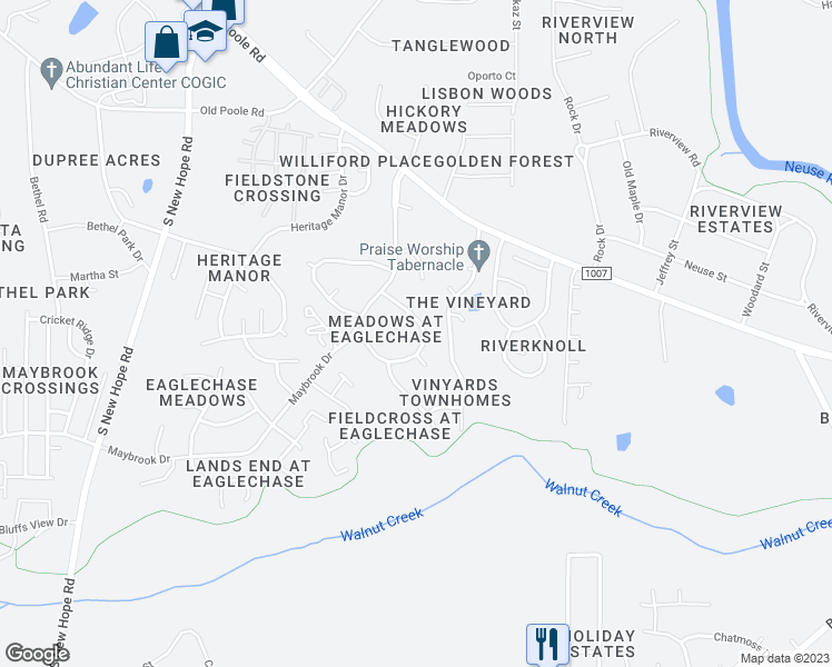 map of restaurants, bars, coffee shops, grocery stores, and more near 5316 Trestlewood Lane in Raleigh