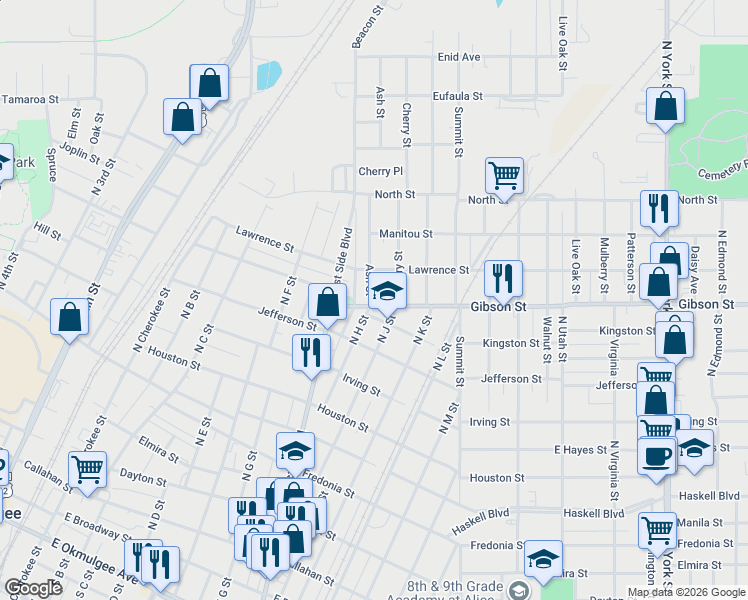 map of restaurants, bars, coffee shops, grocery stores, and more near 1119 Ash Street in Muskogee