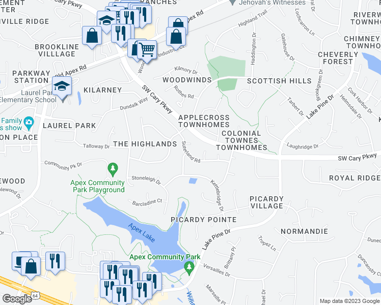 map of restaurants, bars, coffee shops, grocery stores, and more near 1108 Suterland Road in Cary