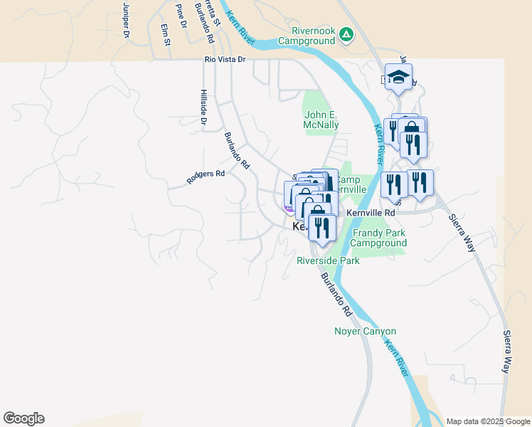 map of restaurants, bars, coffee shops, grocery stores, and more near 122 Burlando Road in Kernville